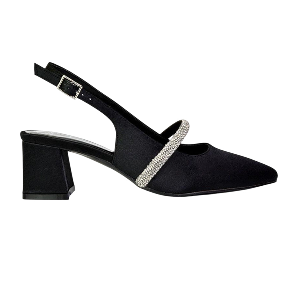 Black - Lifestyle - XY London Womens-Ladies Sandie Diamante Sling Back Medium Block Heel Sandals