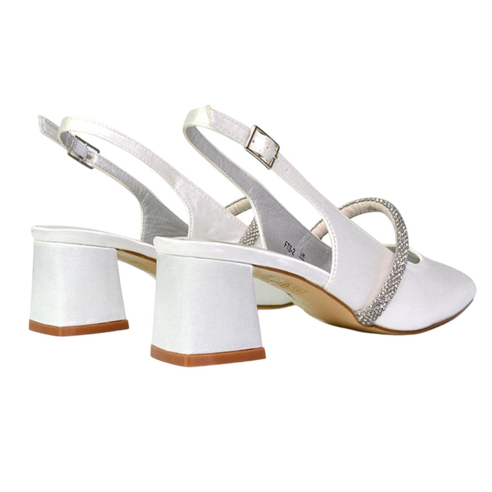 White - Back - XY London Womens-Ladies Sandie Diamante Sling Back Medium Block Heel Sandals
