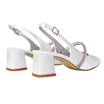 White - Back - XY London Womens-Ladies Sandie Diamante Sling Back Medium Block Heel Sandals