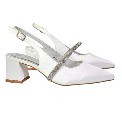 White - Side - XY London Womens-Ladies Sandie Diamante Sling Back Medium Block Heel Sandals