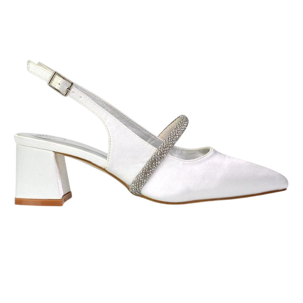 White - Lifestyle - XY London Womens-Ladies Sandie Diamante Sling Back Medium Block Heel Sandals