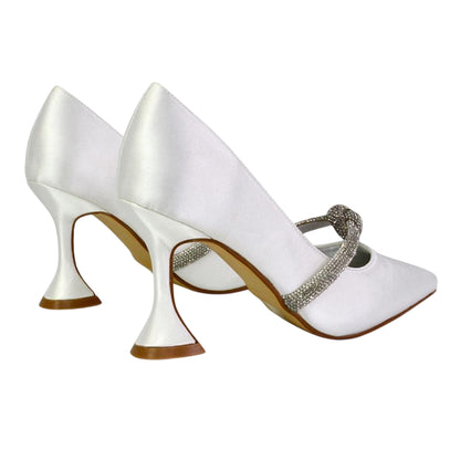 White - Back - XY London Womens-Ladies Beau Diamante Satin Pointed Mid High Heel Court Pumps