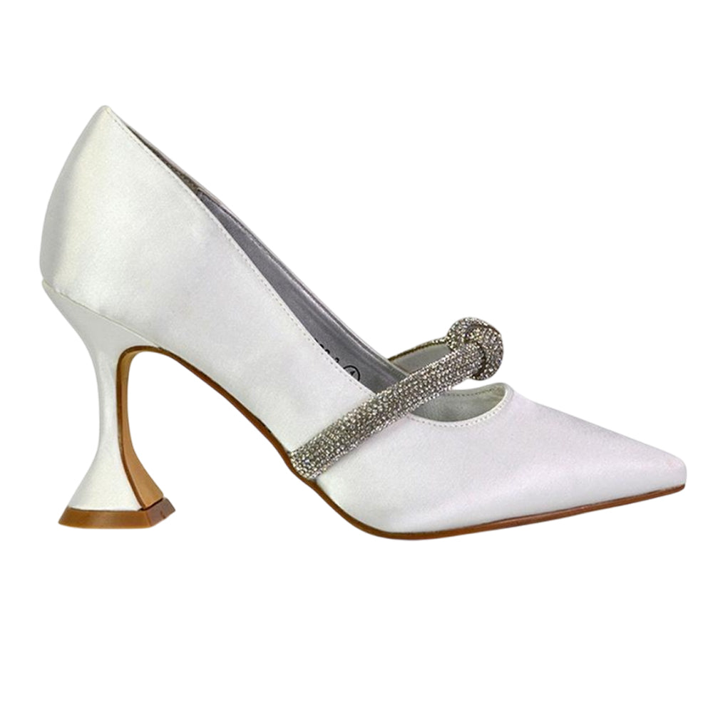 White - Side - XY London Womens-Ladies Beau Diamante Satin Pointed Mid High Heel Court Pumps