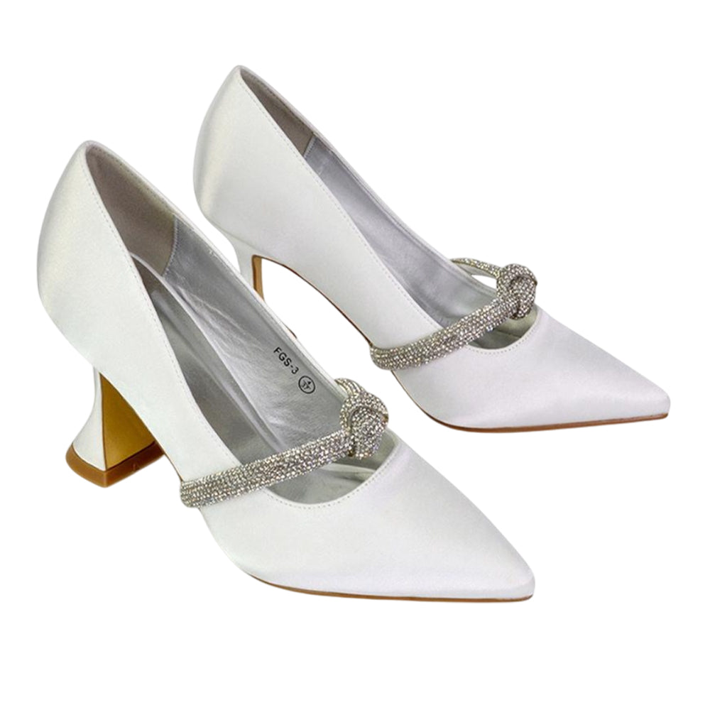 White - Lifestyle - XY London Womens-Ladies Beau Diamante Satin Pointed Mid High Heel Court Pumps