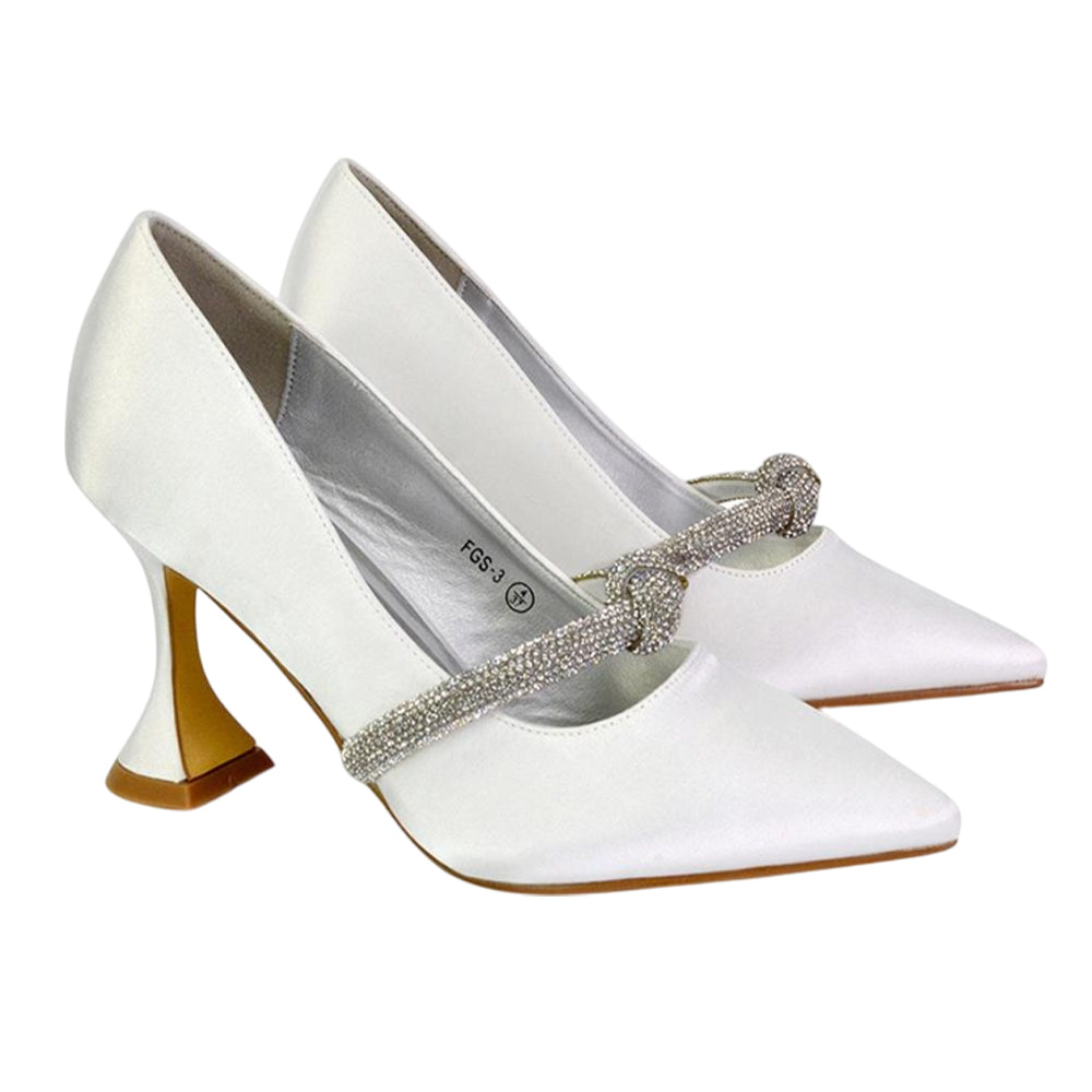 White - Front - XY London Womens-Ladies Beau Diamante Satin Pointed Mid High Heel Court Pumps