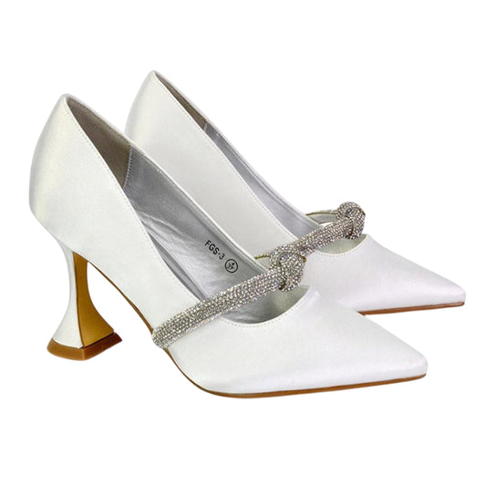 White - Front - XY London Womens-Ladies Beau Diamante Satin Pointed Mid High Heel Court Pumps