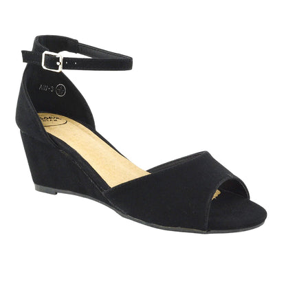 Jet Black - Front - XY London Womens-Ladies Lottie Peep Toe Wedge Sandals