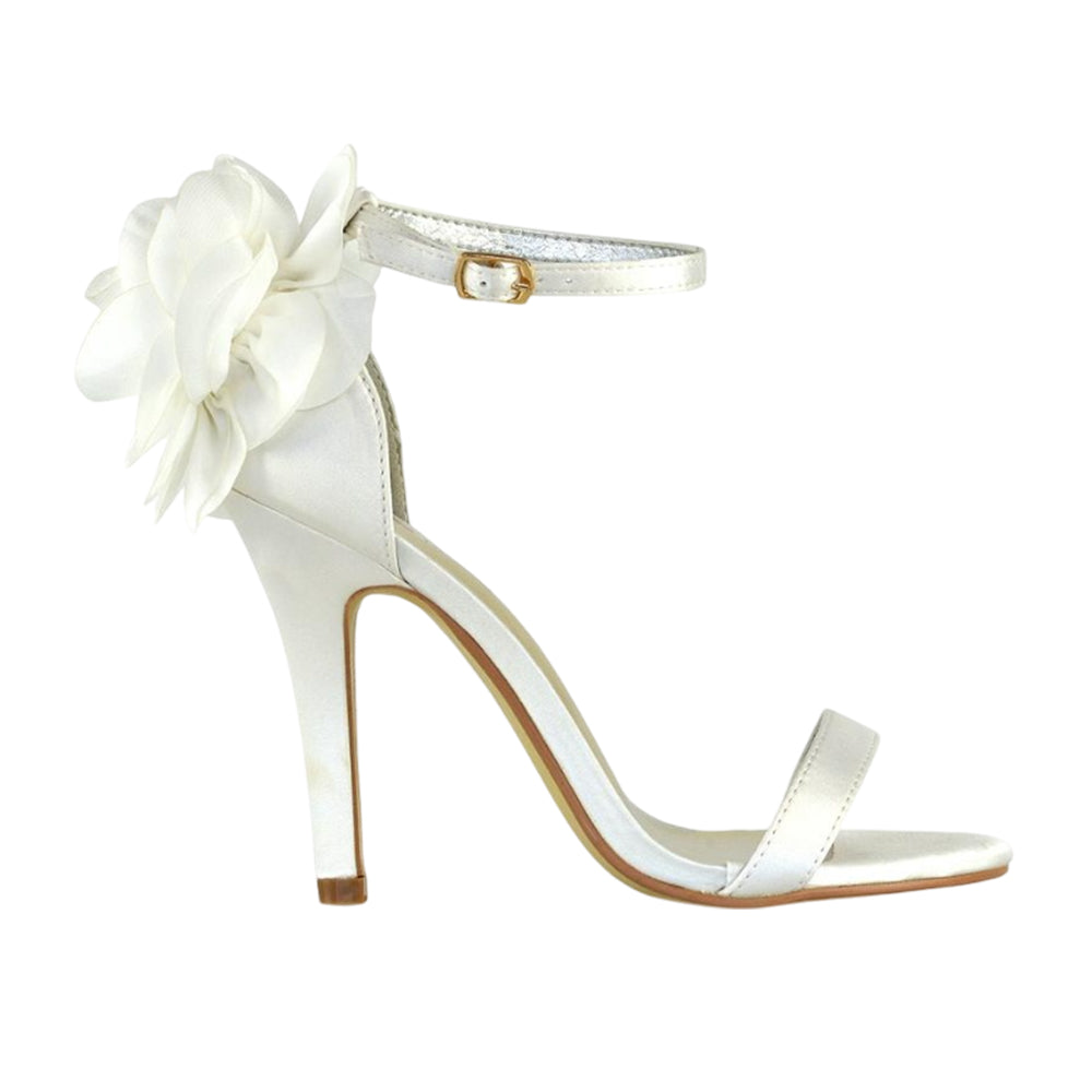 Ivory - Side - XY London Womens-Ladies Zola Floral Satin Strappy Stiletto Heel High Heels