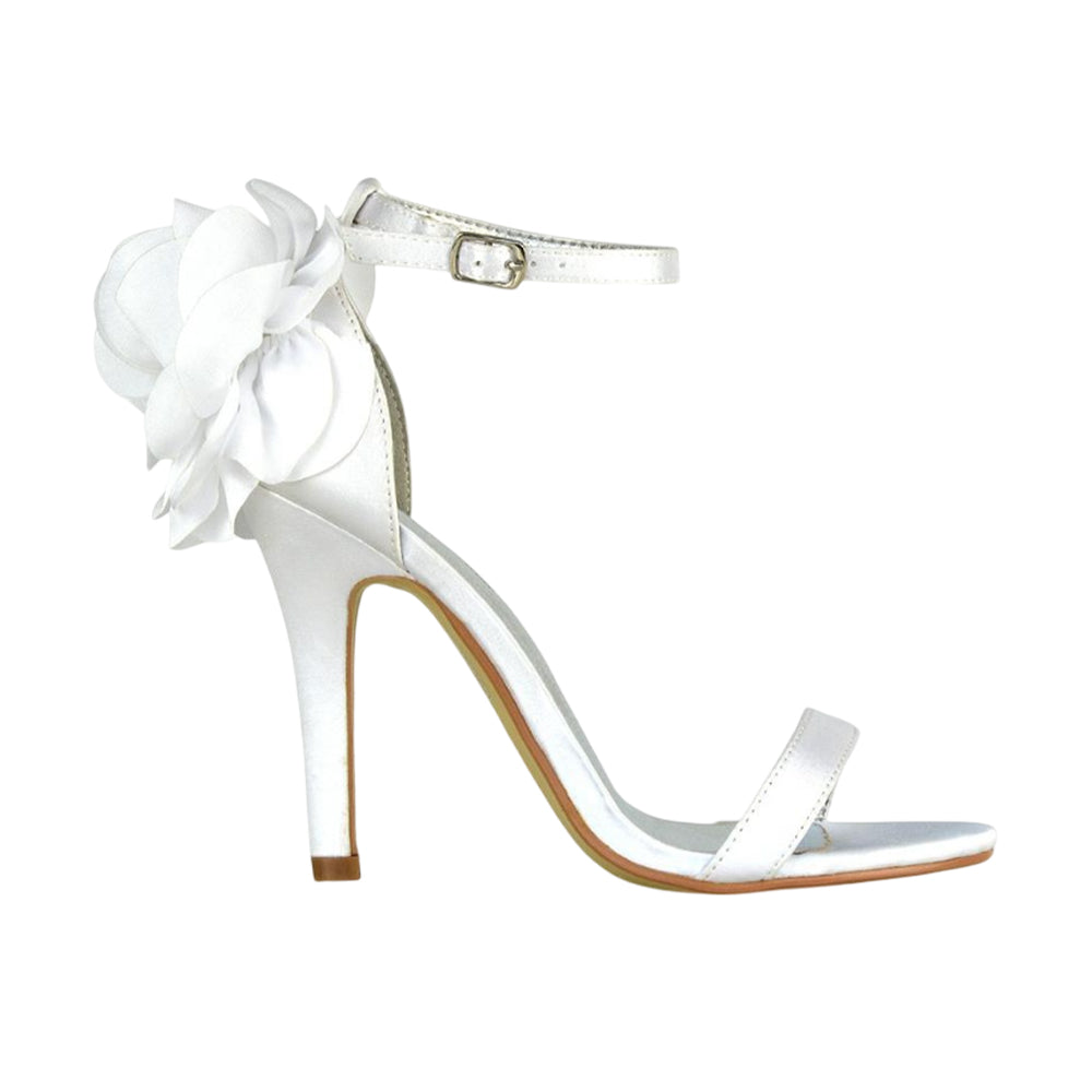 White - Side - XY London Womens-Ladies Zola Floral Satin Strappy Stiletto Heel High Heels