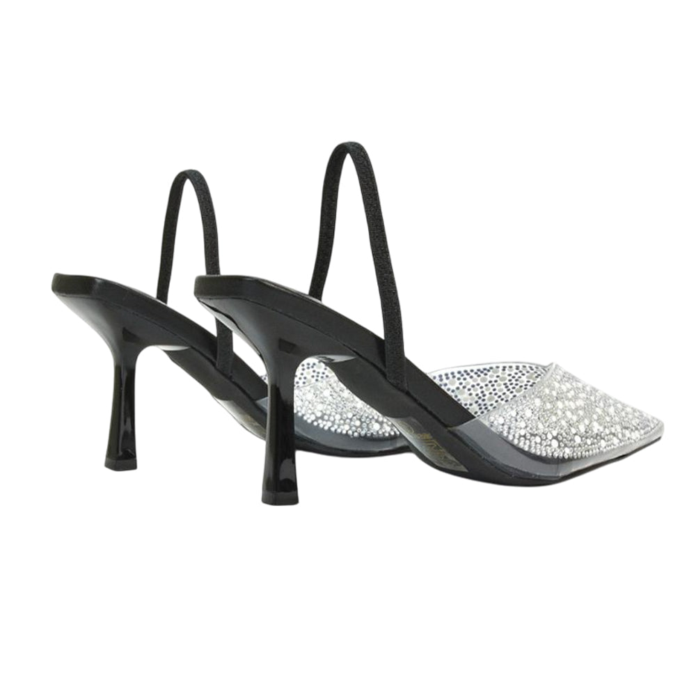 Black - Back - XY London Womens-Ladies Kadie Jewel Sling Back Court Pumps