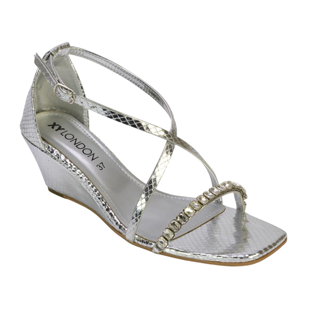Silver - Pack Shot - XY London Womens-Ladies Sky Diamante Square Toe Wedge Sandals