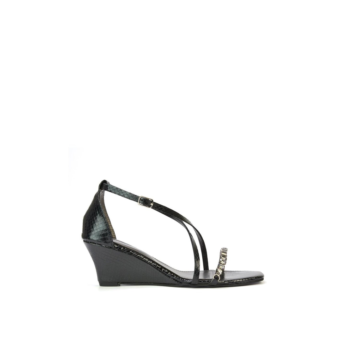 Black - Front - XY London Womens-Ladies Sky Diamante Square Toe Wedge Sandals