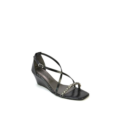Black - Pack Shot - XY London Womens-Ladies Sky Diamante Square Toe Wedge Sandals