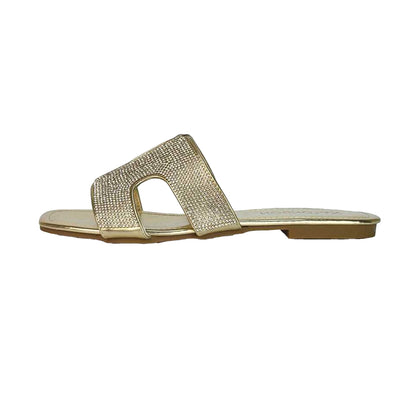 Gold - Back - XY London Womens-Ladies Jamie Metallic Sparkly Diamante Flat Sandals