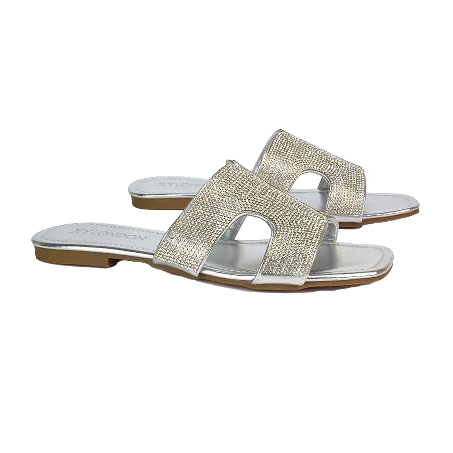 Silver - Pack Shot - XY London Womens-Ladies Jamie Metallic Sparkly Diamante Flat Sandals