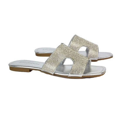 Silver - Pack Shot - XY London Womens-Ladies Jamie Metallic Sparkly Diamante Flat Sandals