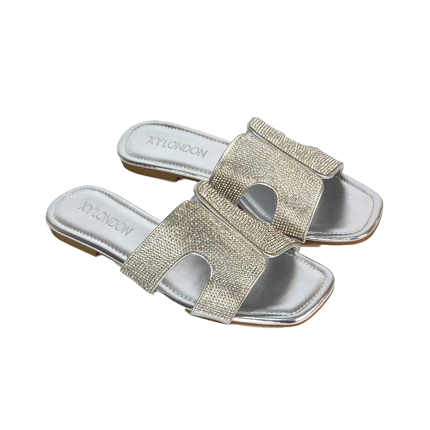 Silver - Close up - XY London Womens-Ladies Jamie Metallic Sparkly Diamante Flat Sandals
