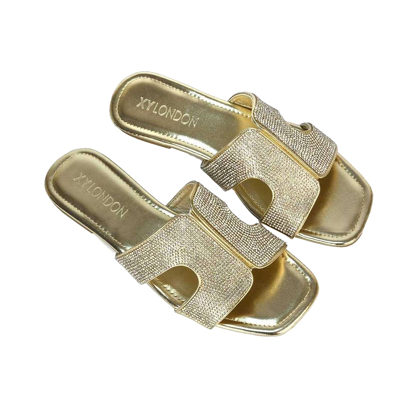 Gold - Lifestyle - XY London Womens-Ladies Jamie Metallic Sparkly Diamante Flat Sandals