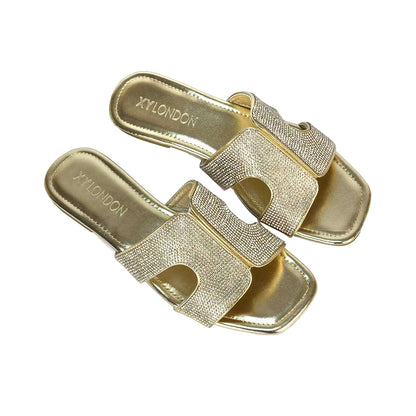 Gold - Lifestyle - XY London Womens-Ladies Jamie Metallic Sparkly Diamante Flat Sandals
