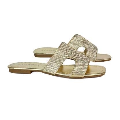 Gold - Pack Shot - XY London Womens-Ladies Jamie Metallic Sparkly Diamante Flat Sandals