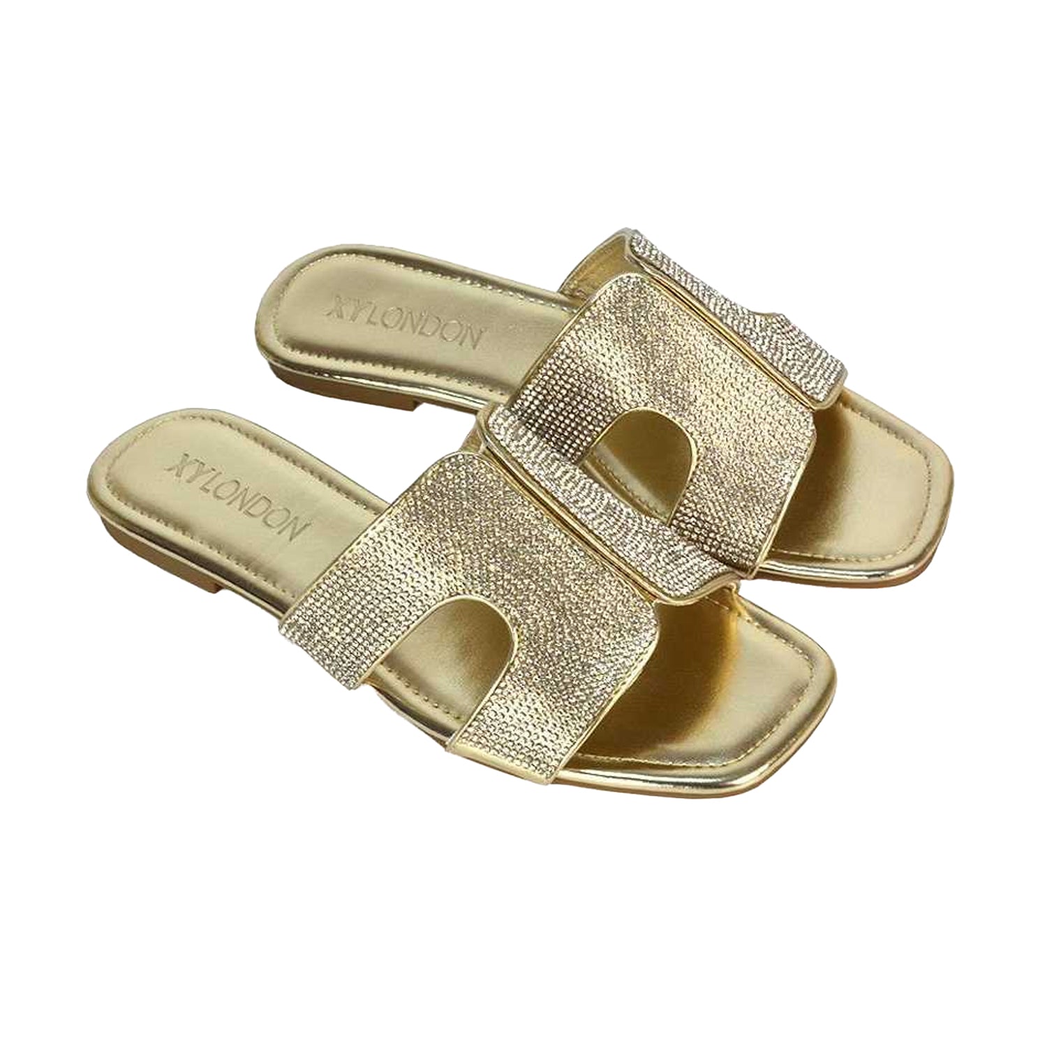 Gold - Close up - XY London Womens-Ladies Jamie Metallic Sparkly Diamante Flat Sandals