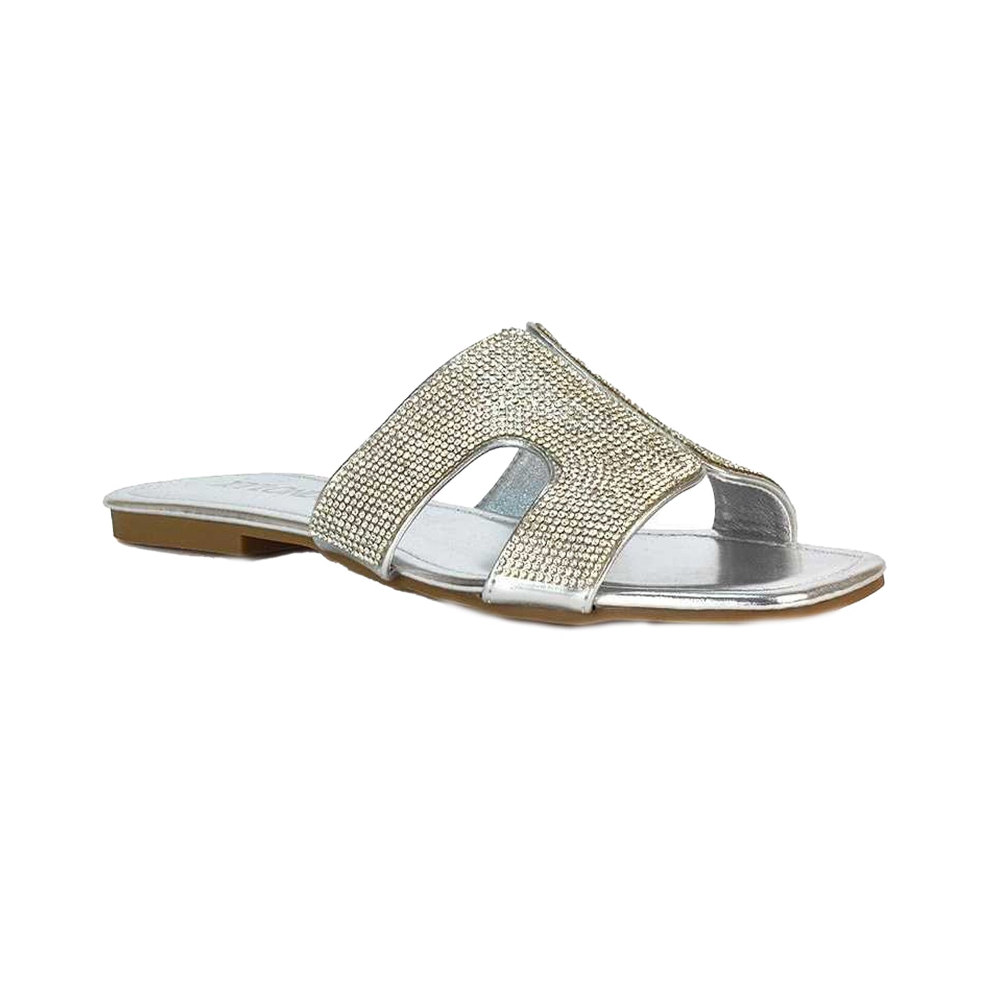 Silver - Front - XY London Womens-Ladies Jamie Metallic Sparkly Diamante Flat Sandals