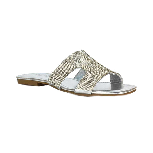 Silver - Front - XY London Womens-Ladies Jamie Metallic Sparkly Diamante Flat Sandals