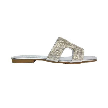 Silver - Back - XY London Womens-Ladies Jamie Metallic Sparkly Diamante Flat Sandals