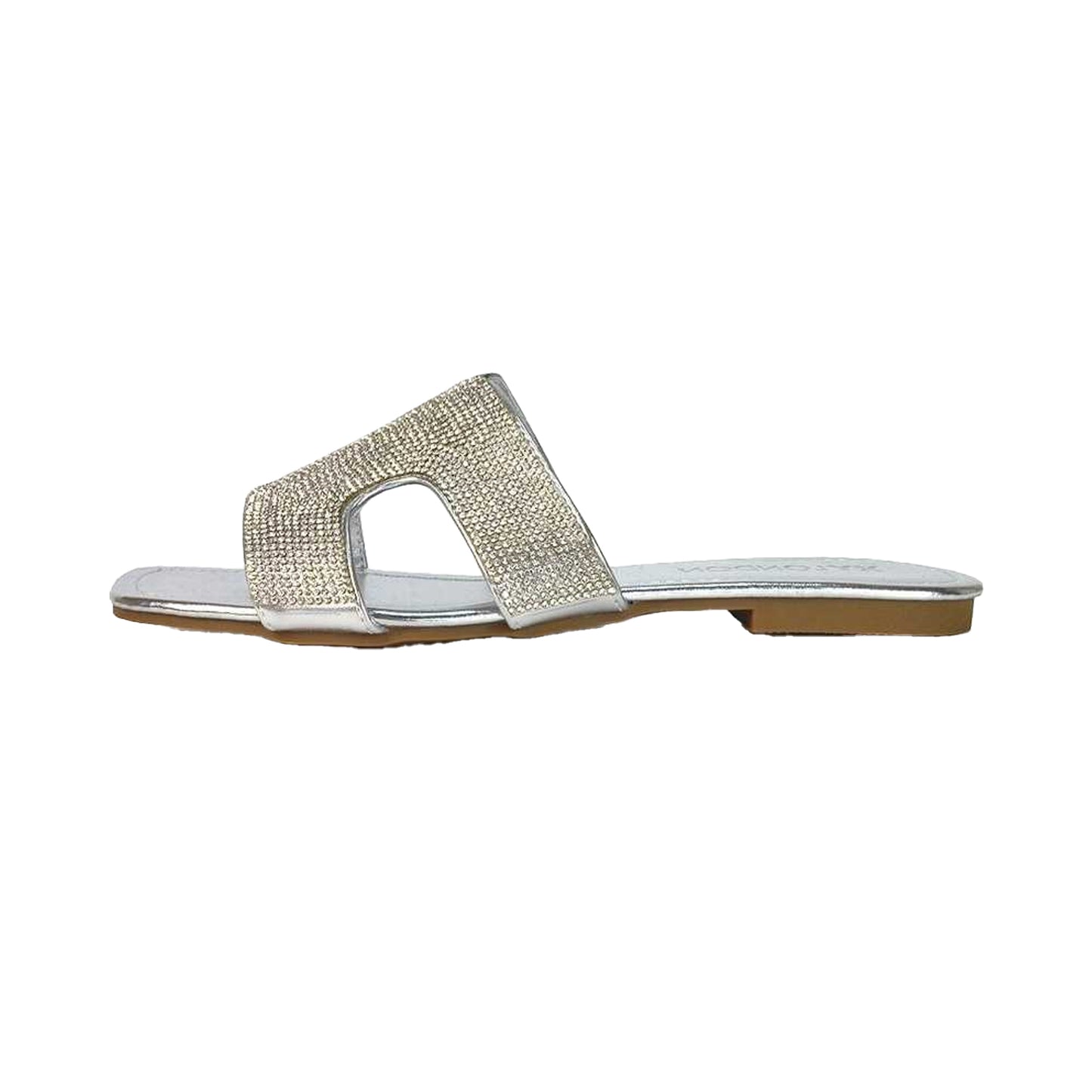 Silver - Side - XY London Womens-Ladies Jamie Metallic Sparkly Diamante Flat Sandals