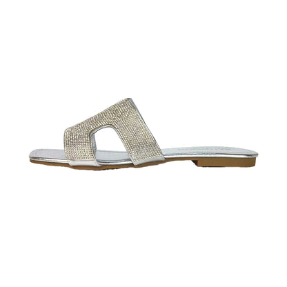 Silver - Side - XY London Womens-Ladies Jamie Metallic Sparkly Diamante Flat Sandals