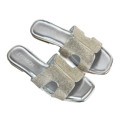 Silver - Lifestyle - XY London Womens-Ladies Jamie Metallic Sparkly Diamante Flat Sandals