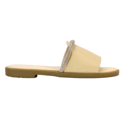 Nude - Side - London Womens-Ladies Khai Rhinestone Diamante Flat Sliders