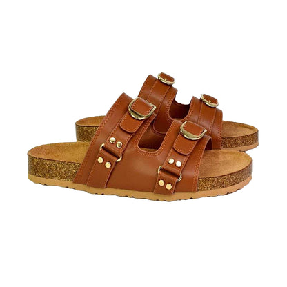 Tan - Back - London Womens-Ladies Evan Slip-on Flat Sandals