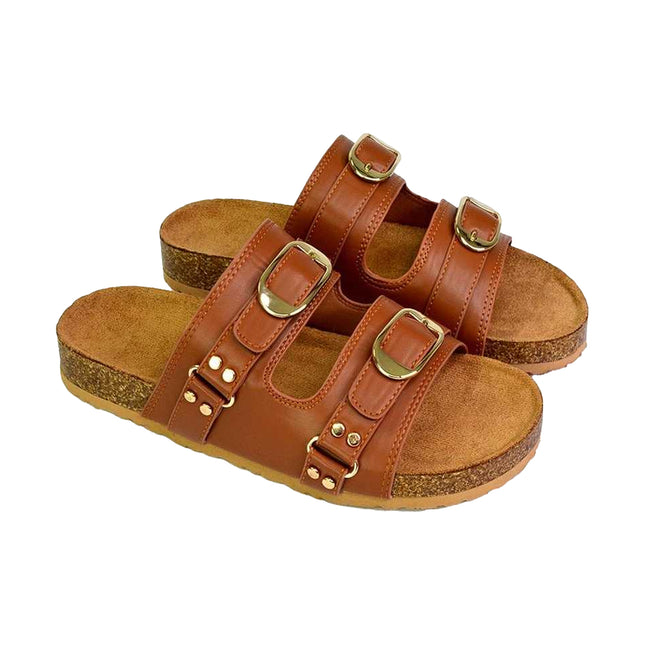 Tan - Close up - London Womens-Ladies Evan Slip-on Flat Sandals