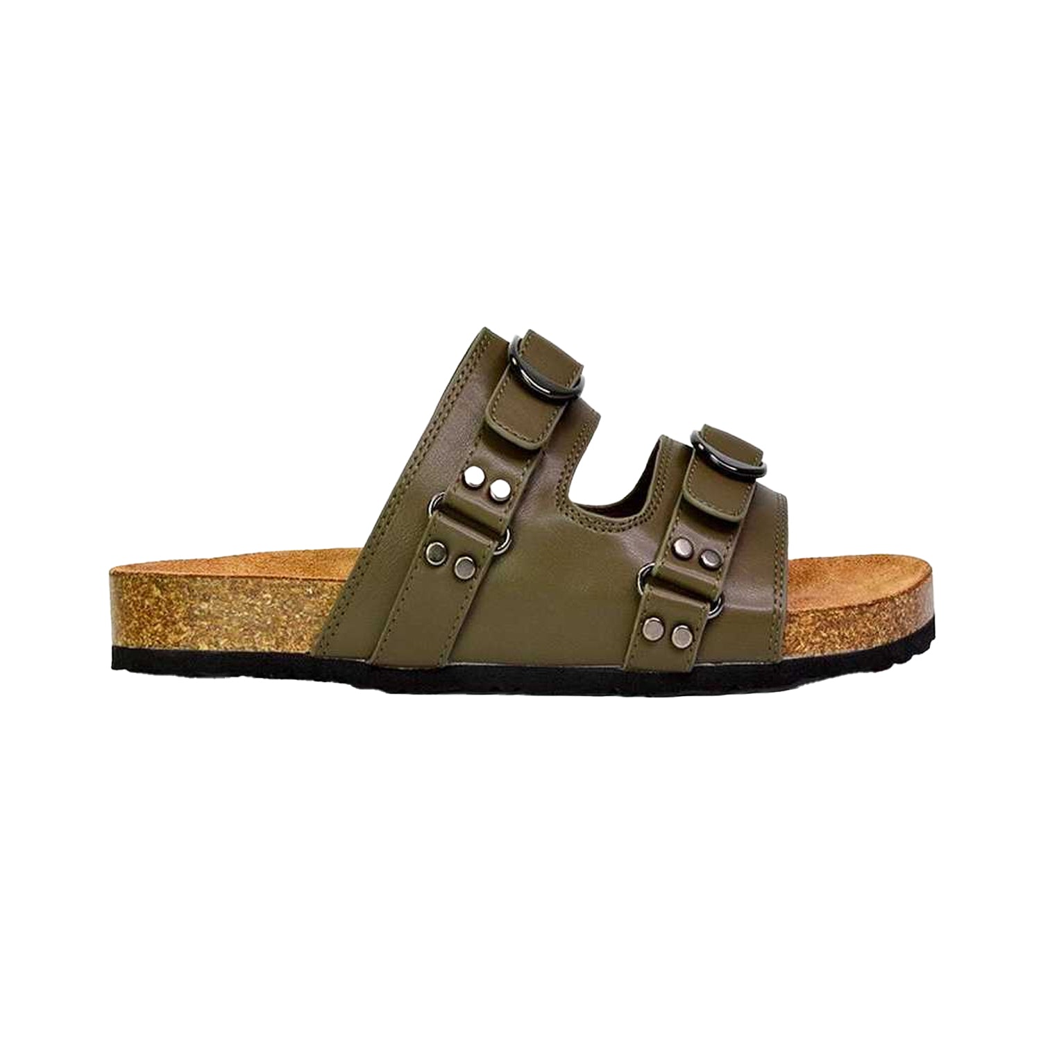 Khaki - Side - London Womens-Ladies Evan Slip-on Flat Sandals