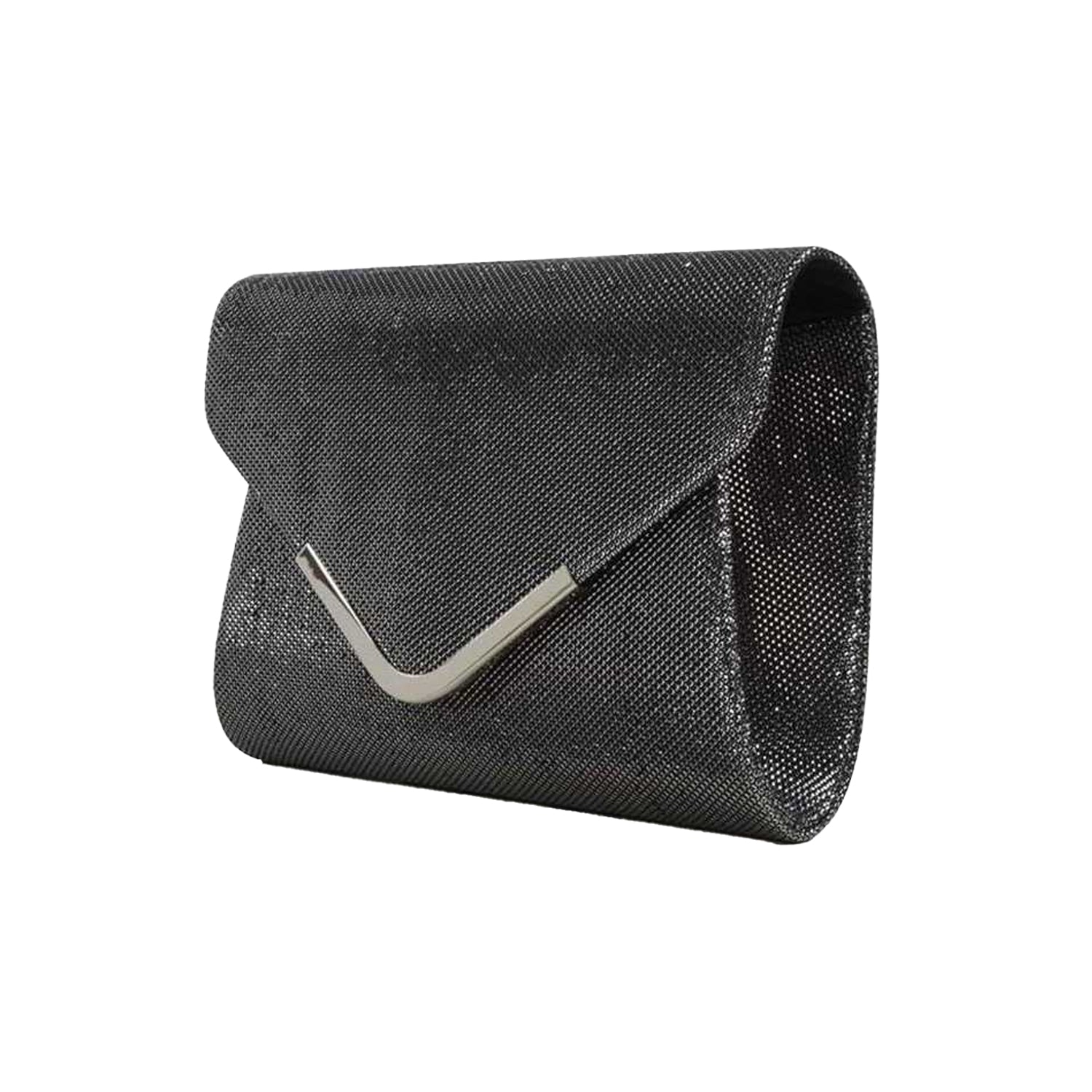 Black - Back - XY London Cara Glitter Chrome Chain Strap Clutch Bag