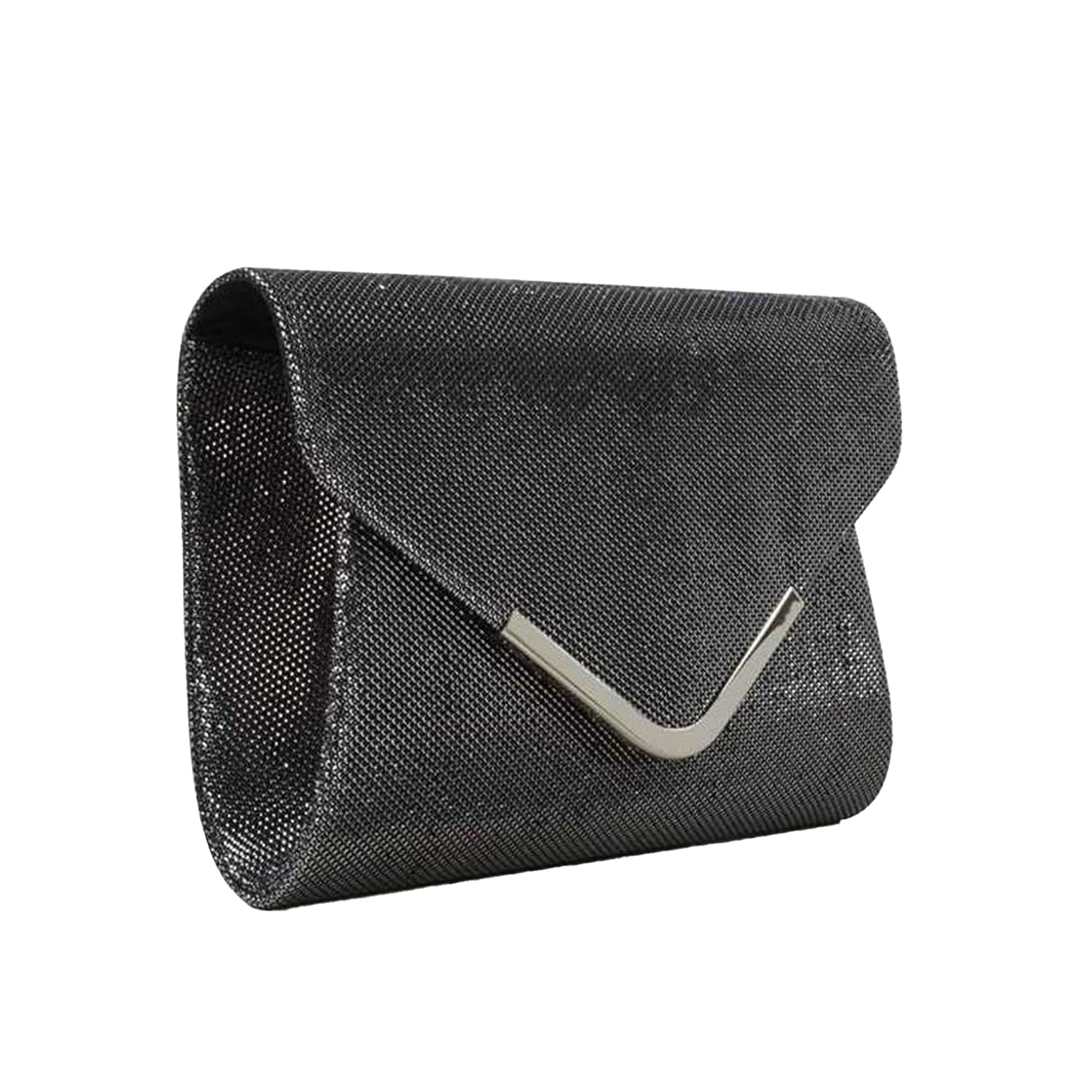 Black - Side - XY London Cara Glitter Chrome Chain Strap Clutch Bag