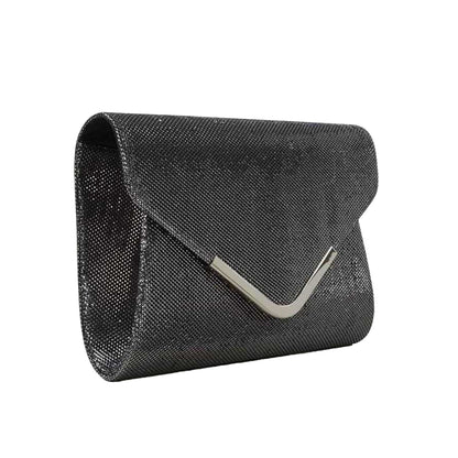 Black - Side - XY London Cara Glitter Chrome Chain Strap Clutch Bag