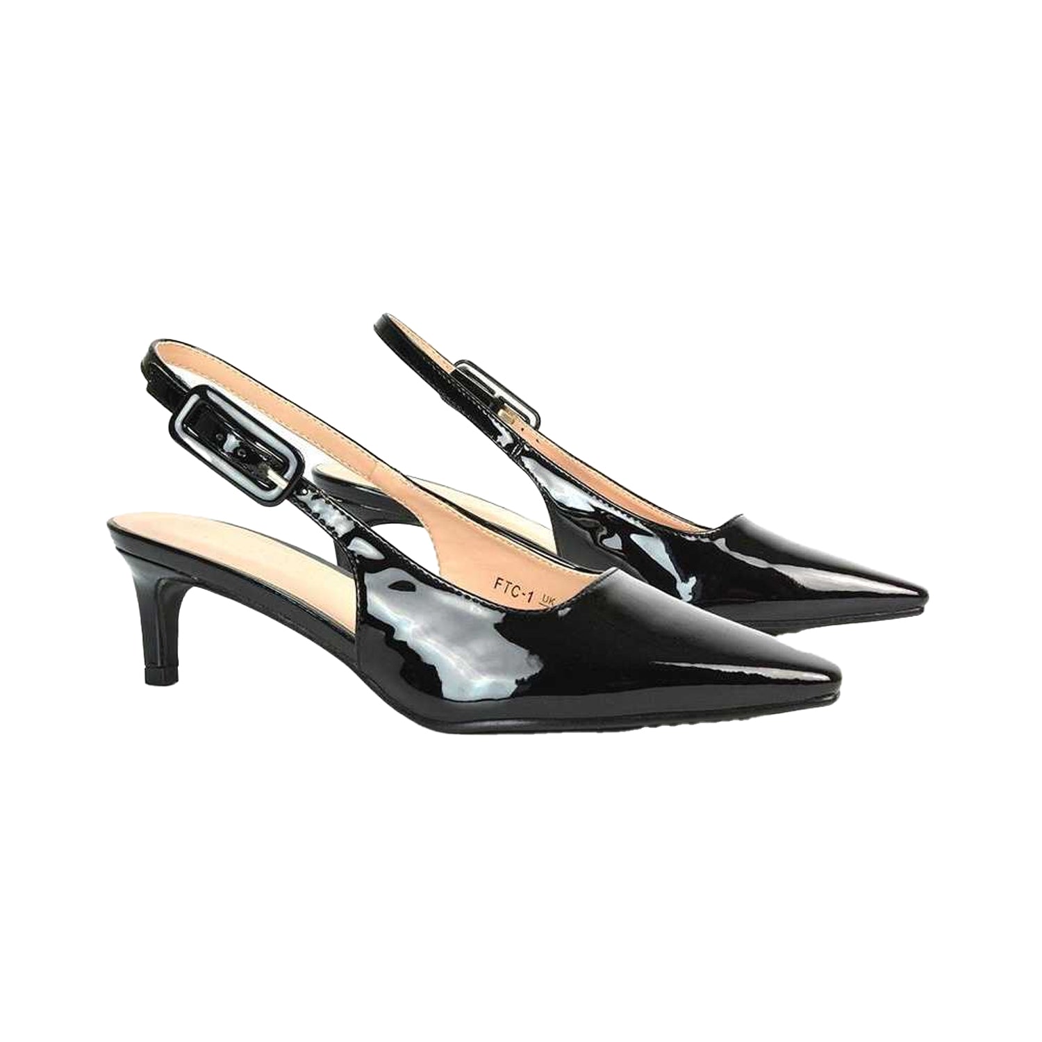 True Black - Close up - XY London Womens-Ladies Kelly Sling Back Low Kitten Heel Court Shoes