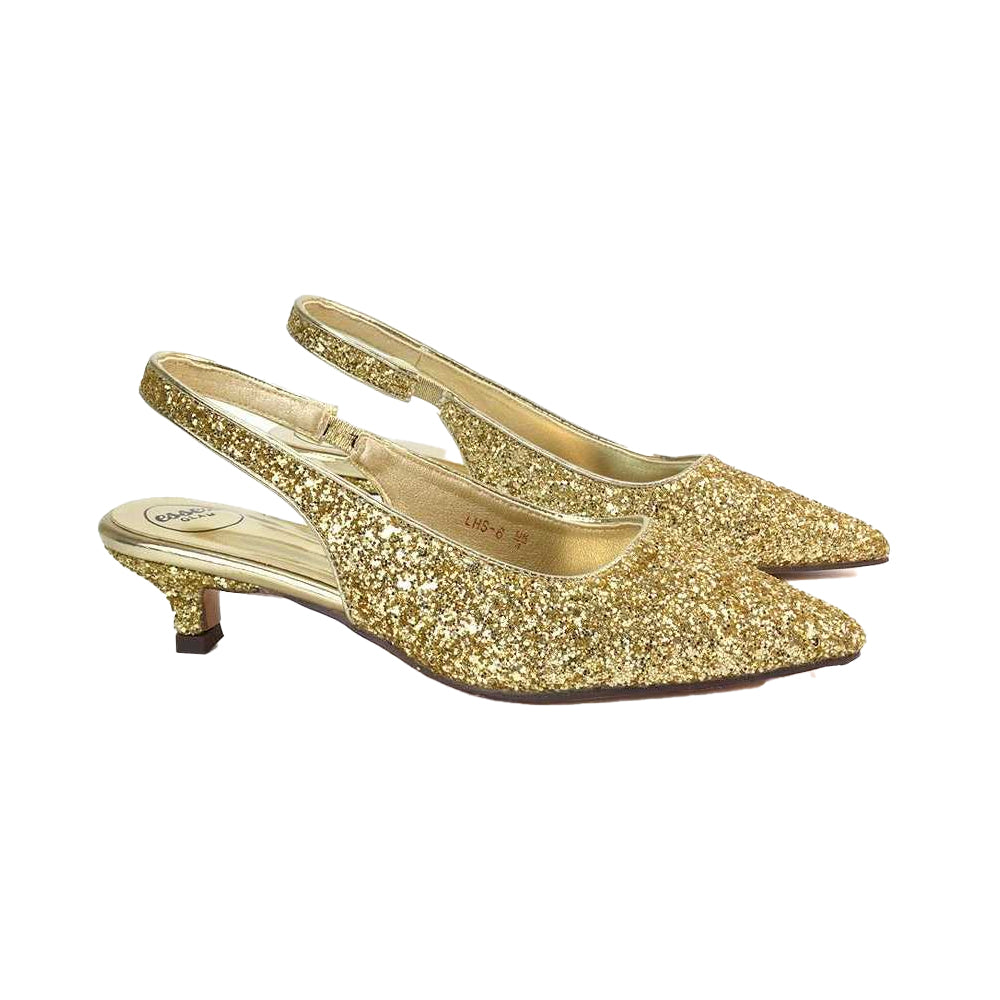 Silver - Back - XY London Womens-Ladies Gerri Glitter Sling Back Kitten Heel Court Pumps