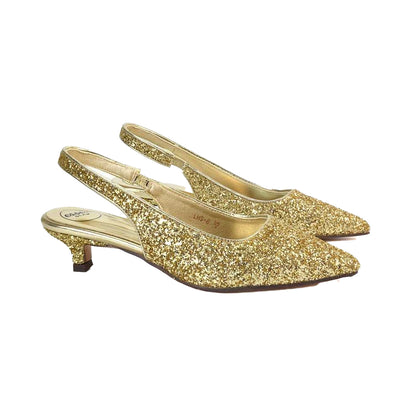 Silver - Back - XY London Womens-Ladies Gerri Glitter Sling Back Kitten Heel Court Pumps
