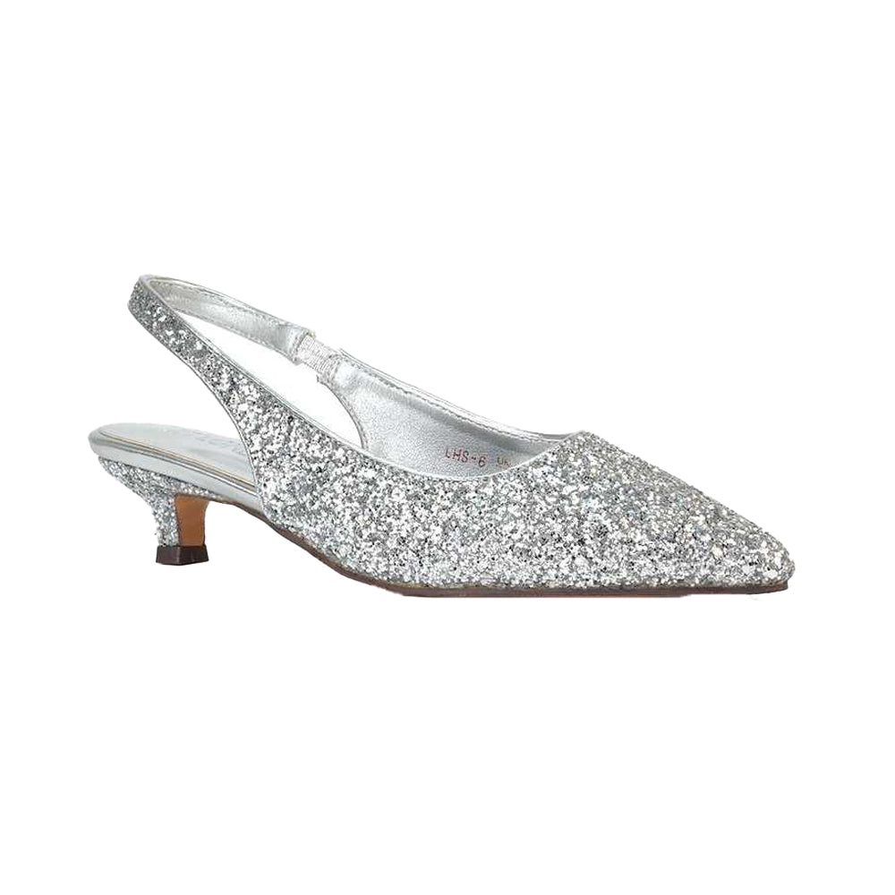 Silver - Side - XY London Womens-Ladies Gerri Glitter Sling Back Kitten Heel Court Pumps