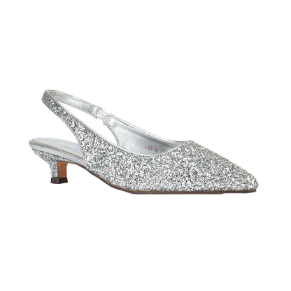 Silver - Side - XY London Womens-Ladies Gerri Glitter Sling Back Kitten Heel Court Pumps