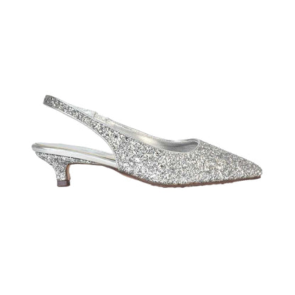 Silver - Pack Shot - XY London Womens-Ladies Gerri Glitter Sling Back Kitten Heel Court Pumps