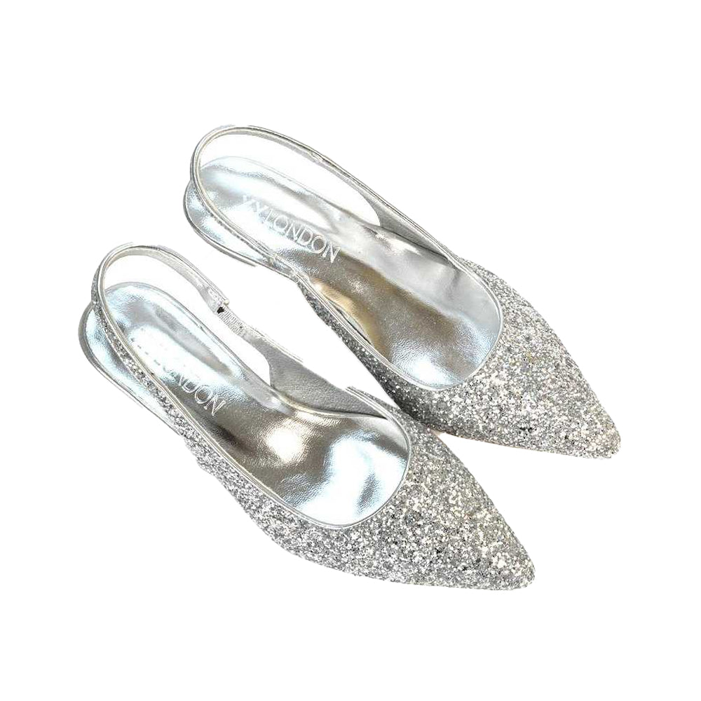 Silver - Close up - XY London Womens-Ladies Gerri Glitter Sling Back Kitten Heel Court Pumps