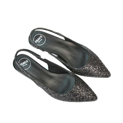 Black - Front - XY London Womens-Ladies Gerri Glitter Sling Back Kitten Heel Court Pumps