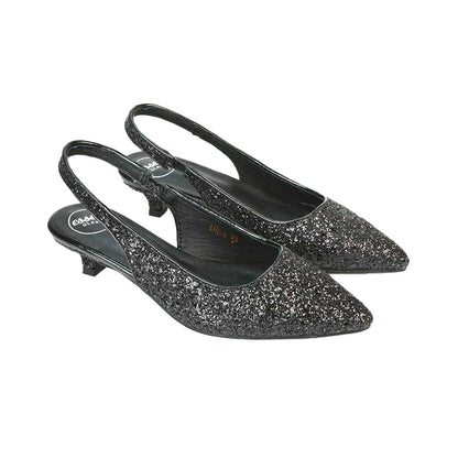 Black - Back - XY London Womens-Ladies Gerri Glitter Sling Back Kitten Heel Court Pumps