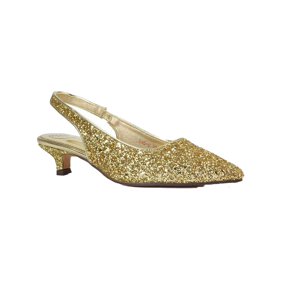 Gold - Pack Shot - XY London Womens-Ladies Gerri Glitter Sling Back Kitten Heel Court Pumps