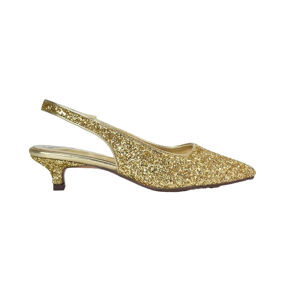 Gold - Close up - XY London Womens-Ladies Gerri Glitter Sling Back Kitten Heel Court Pumps