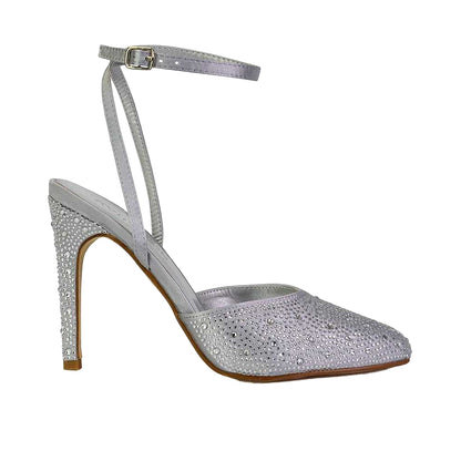 Silver - Front - XY London Womens-Ladies Indyah Diamante Court Shoes